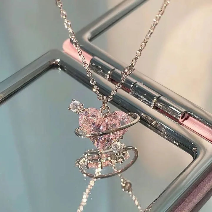 Heart Pendant Pink Crystal Necklace For Women