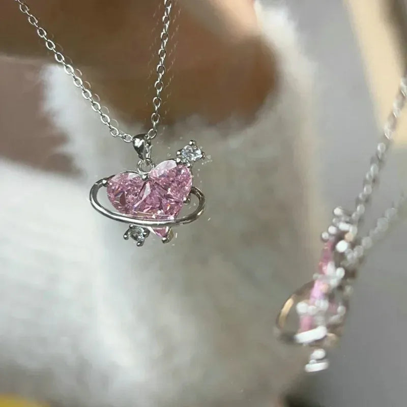 Heart Pendant Pink Crystal Necklace For Women