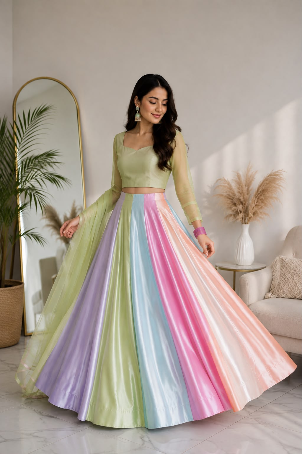Pastel Rainbow Satin Lehenga