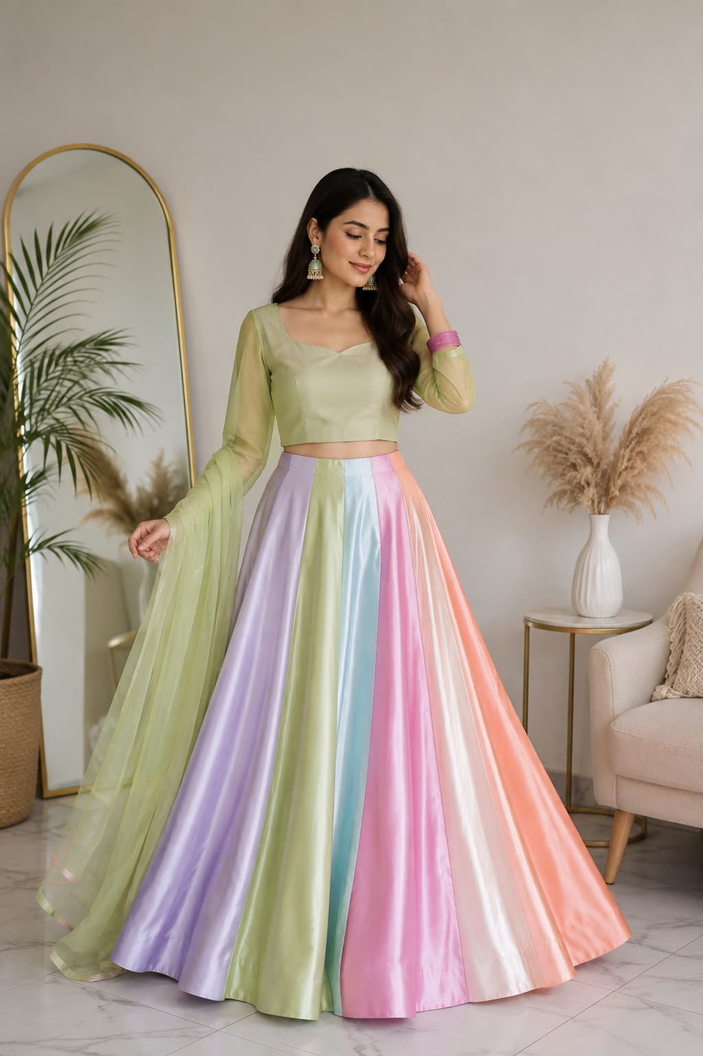 Pastel Rainbow Satin Lehenga