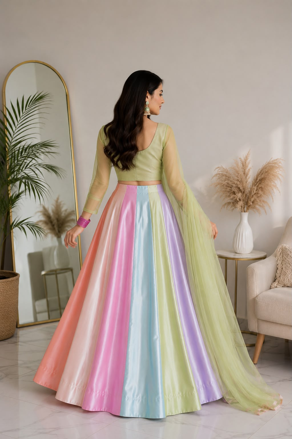 Pastel Rainbow Satin Lehenga