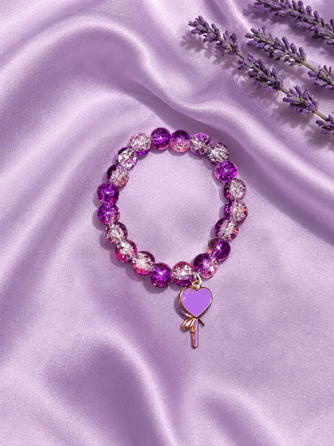 Handmade Purple Crystal Beaded Heart Charm Bracelet | Elegant Stretch Bracelet for Women